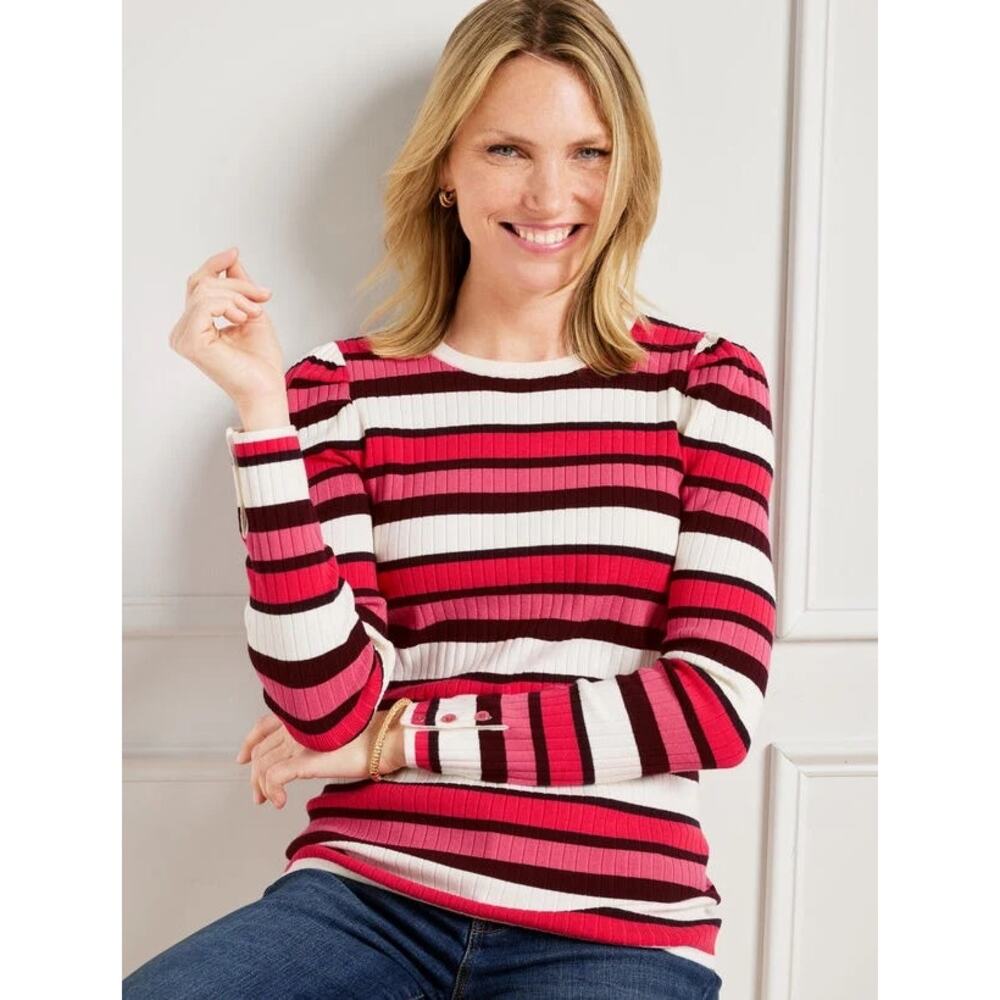 Talbots PUFF SLEEVE CREWNECK PULLOVER GAMINE STRIPE NWT